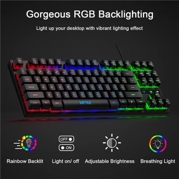 RGB Rainbow Gaming Keyboard and Mouse Combo, Compact 87 Keys Backlit Computer - Picture 3 of 6